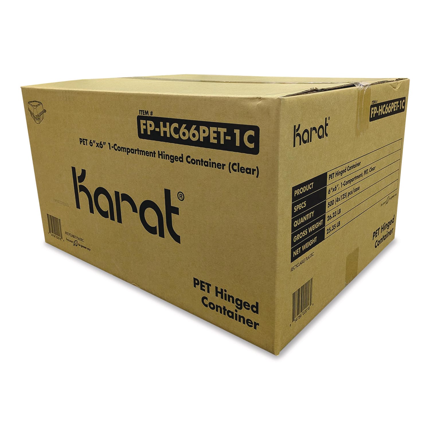 Karat KRTFPHC66PET1C PET Plastic Hinged Container, 6 x 6 x 3.3, Clear, Plastic, 500/Carton