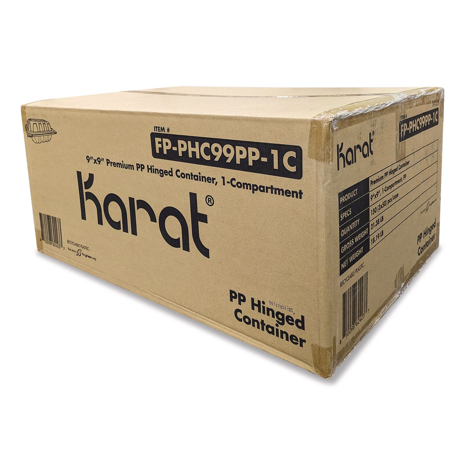 Karat KRTFPPHC99PP1C Polypropylene Plastic Hinged Container, 9 x 9 x 3, Black/Clear, Plastic, 50/Pack, 3 Packs/Carton