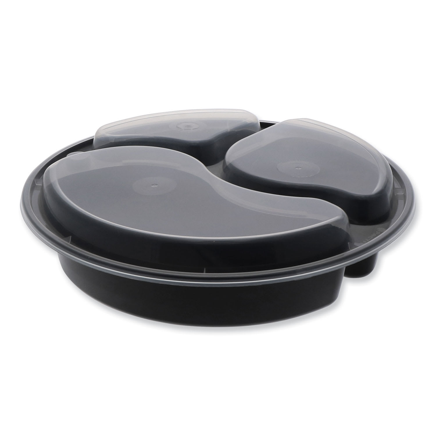 Pactiv Evergreen PCTNC9388B Newspring VERSAtainer Microwavable Containers, Round, 3 Compartment, 39 oz, 9.5 x 9.5 x 2.3, Black/Clear, Plastic, 150/Carton