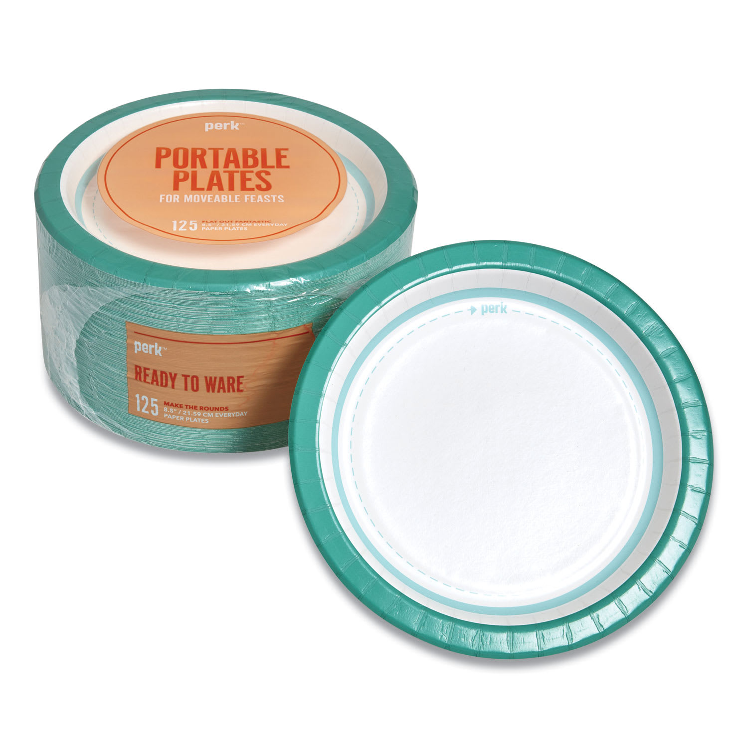 Perk PRK24375263 Everyday Paper Plates, 8.5" Dia, White/teal, 125/pack