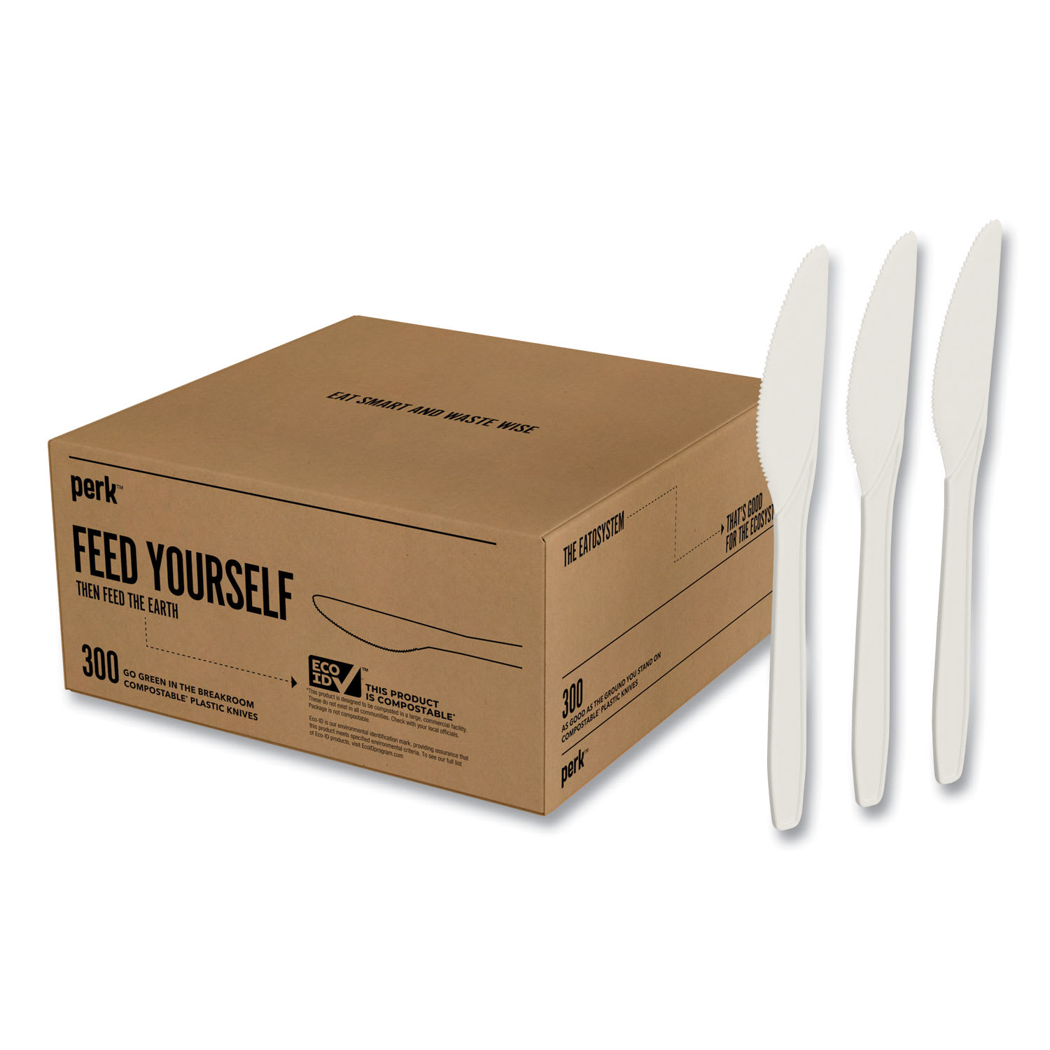 Perk PRK24394130 Eco-ID Compostable Cutlery, Mediumweight Knife, Plastic, White, 300/Pack
