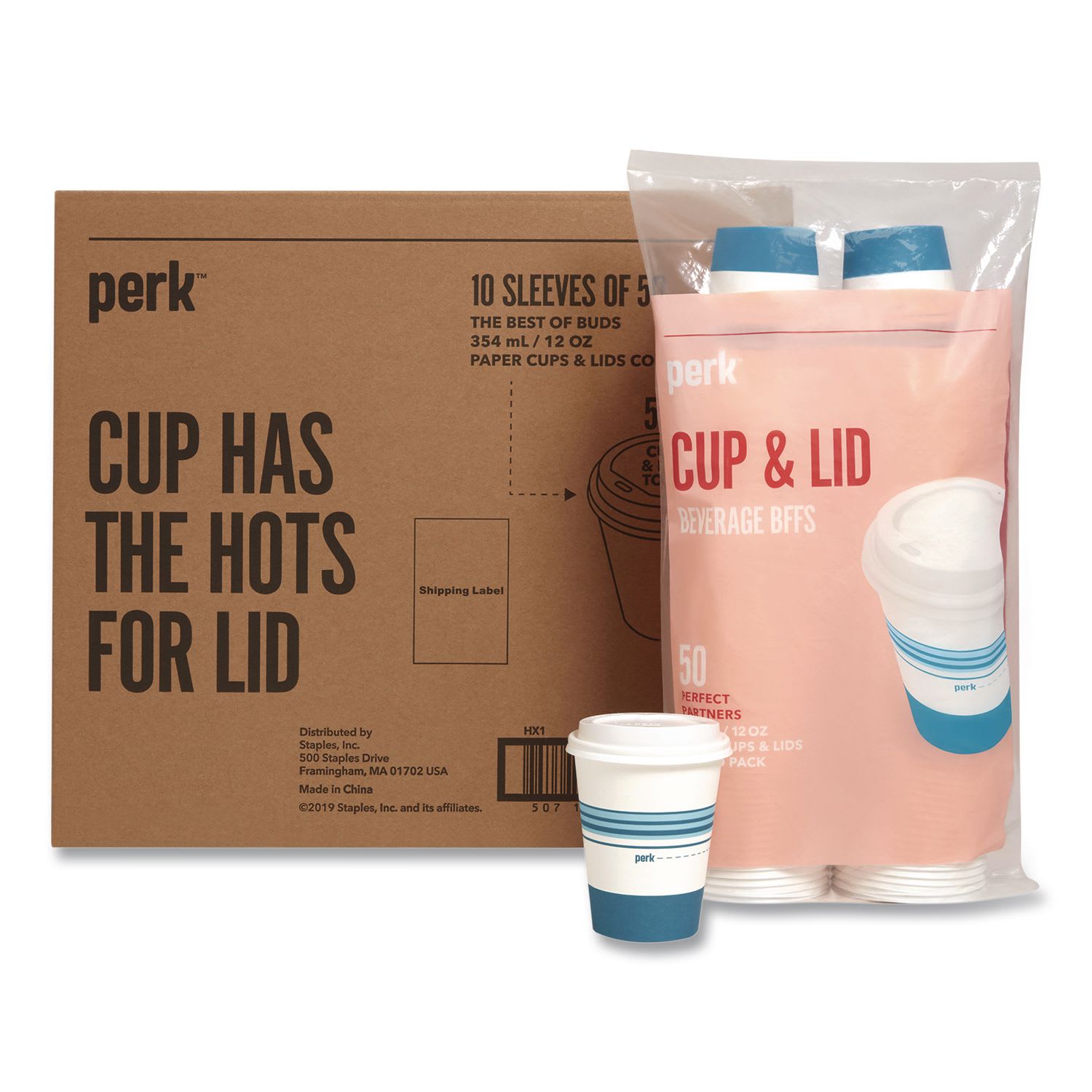 Perk PRKPK54365CT Paper Hot Cup and Plastic Dome Lid Combo, 12 oz, White/Blue, 500/Carton