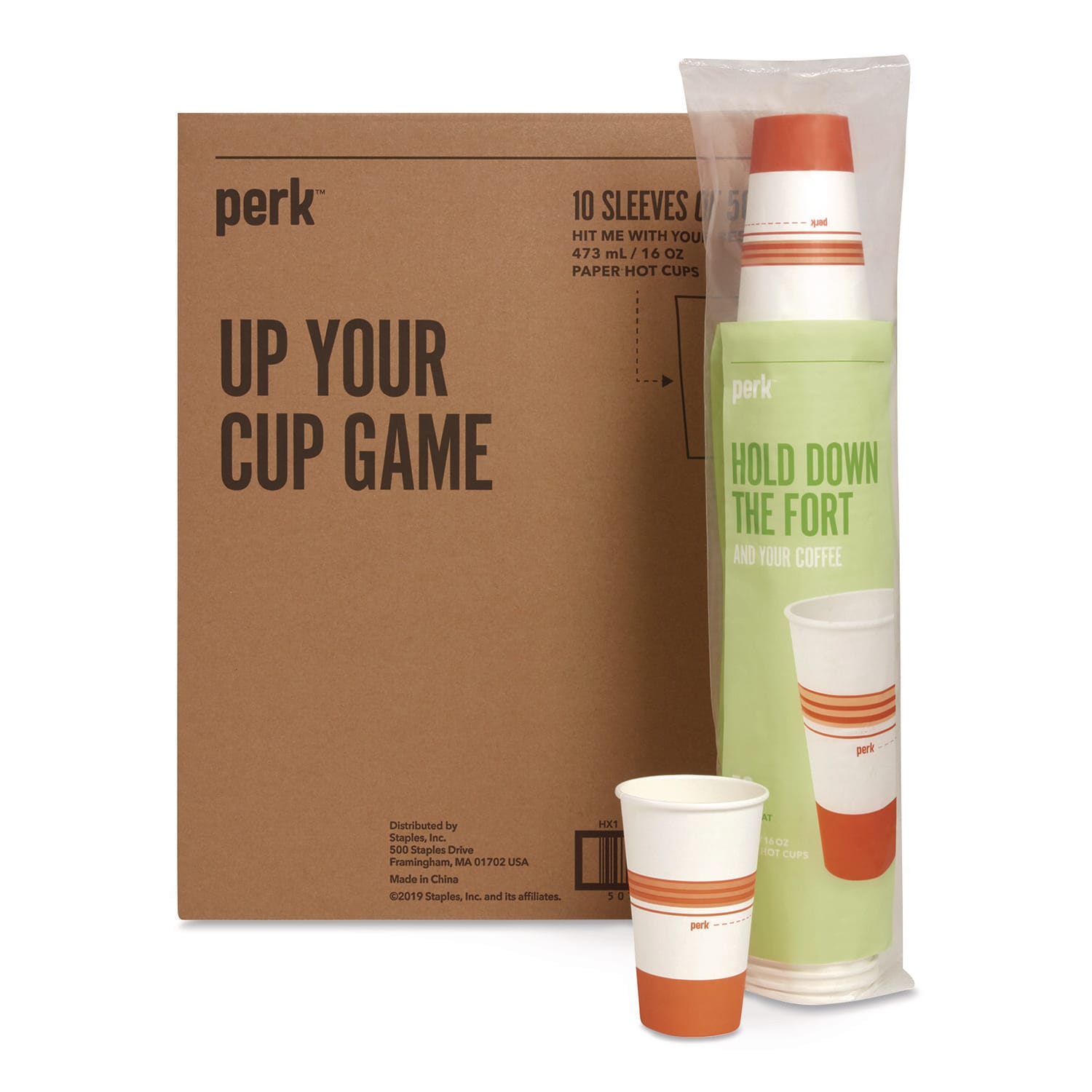 Perk PRKPK54368CT Paper Hot Cups, 16 oz, White/Orange, 500/Carton