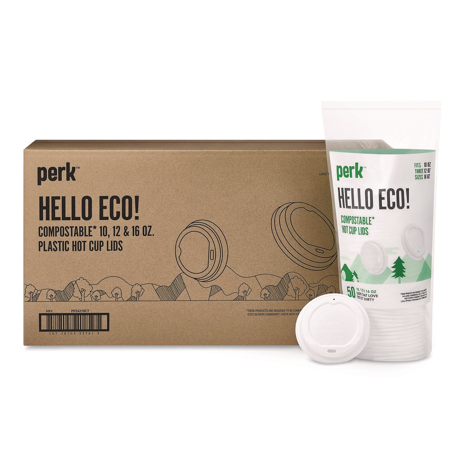 Perk PRKPK56218CT Compostable Plastic Hot Cup Lids, Fits 10 oz to 16 oz Hot Cups, Plastic, White, 500/Carton