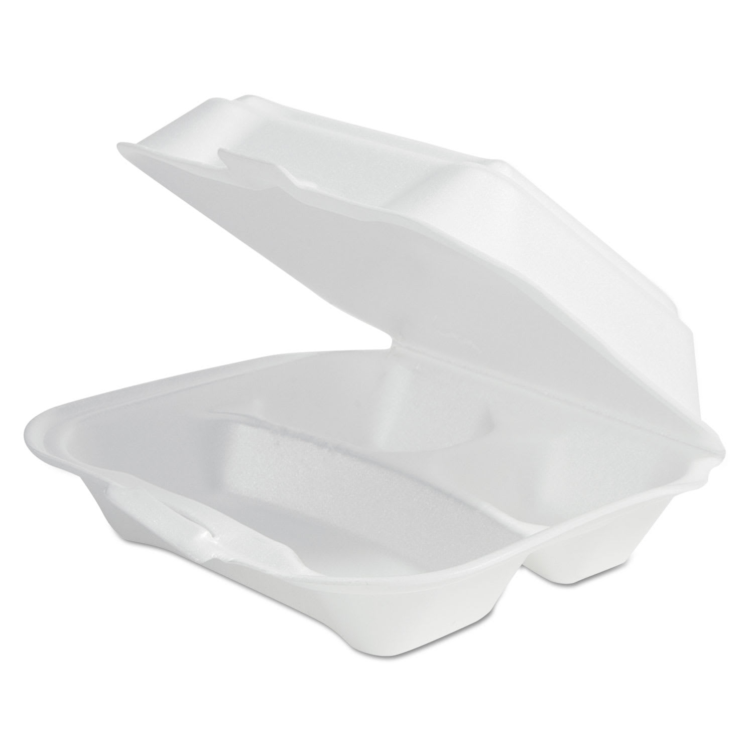 Plastifar PST12039 Foam Hinged Lid Container Secure One Tab Latch, 3 Compartments, 7.81 x 8.75 x 3.38, White, 100/Sleeve, 2 Sleeves/Bag