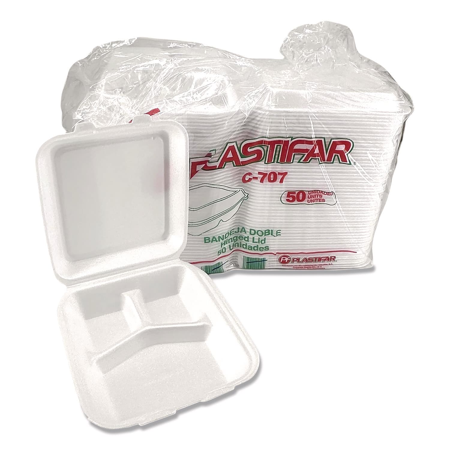 Plastifar PST12109 Foam Hinged Lid Containers, 3-Compartment, 7.56 x 8.25 x 2.38, White, Foam, 200/Carton