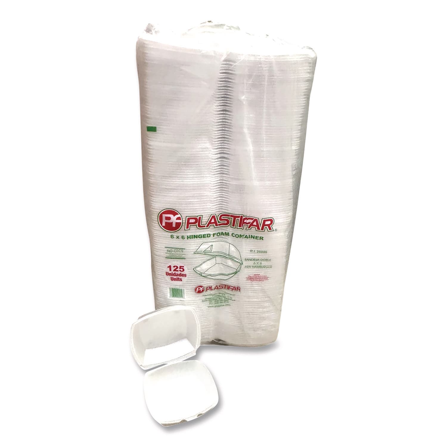 Plastifar PST12175 Foam Hinged Lid Containers, 6 x 6 x 3, White, Foam, 500/Carton