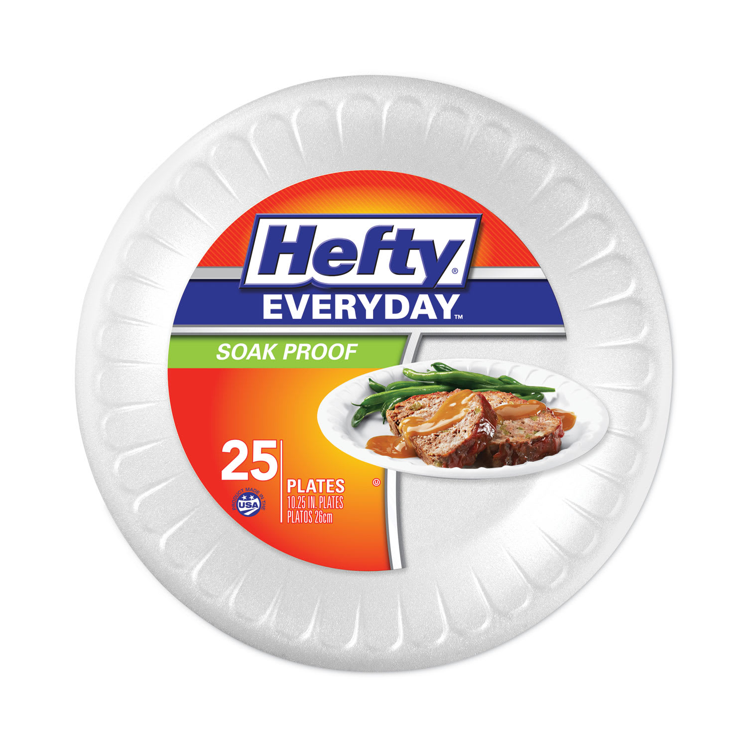 Hefty RFPD21029CT Soak Proof Tableware, Plate, Foam, 10.25" dia, White, 25/Pack, 10 Packs/Carton