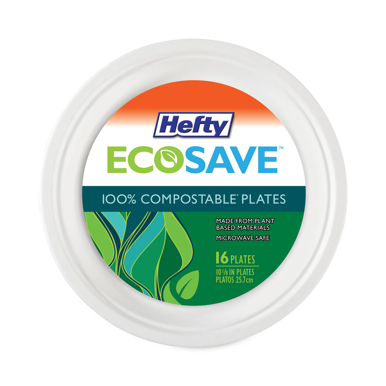 Hefty RFPD71016 ECOSAVE Tableware, Plate, Sugarcane, 10.13" dia, White, 16/Pack, 12 Packs/Carton