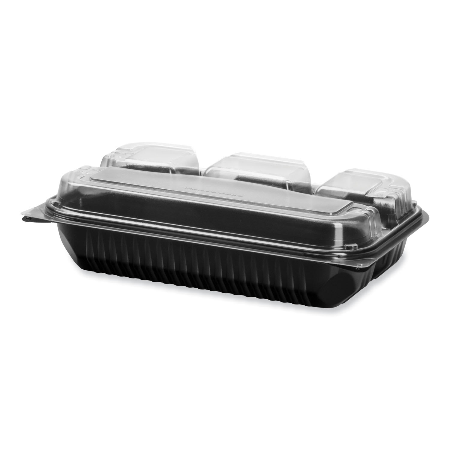 SOLO SCC919020PM94 Creative Carryouts Hinged Plastic Hot Deli Boxes, 4 Compartments, 8.05 x 11.5 x 2.95, Black/Clear, 100/Carton