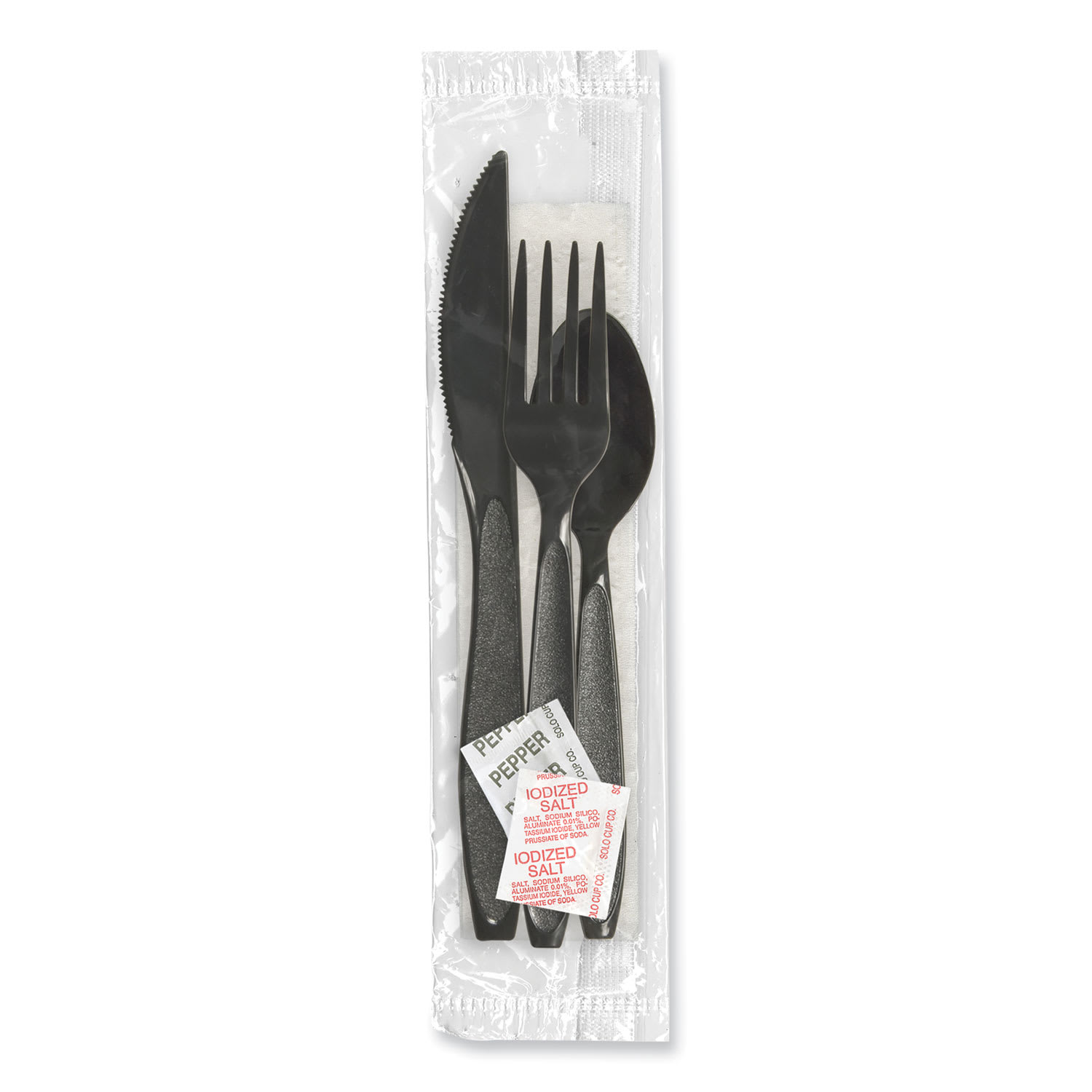 SOLO SCCHSK8Y Impress Heavyweight Full-Length Polystyrene Cutlery Kit, Fork/Knife/Napkin/Pepper/Salt/Spoon, Plastic, Black, 750/Carton