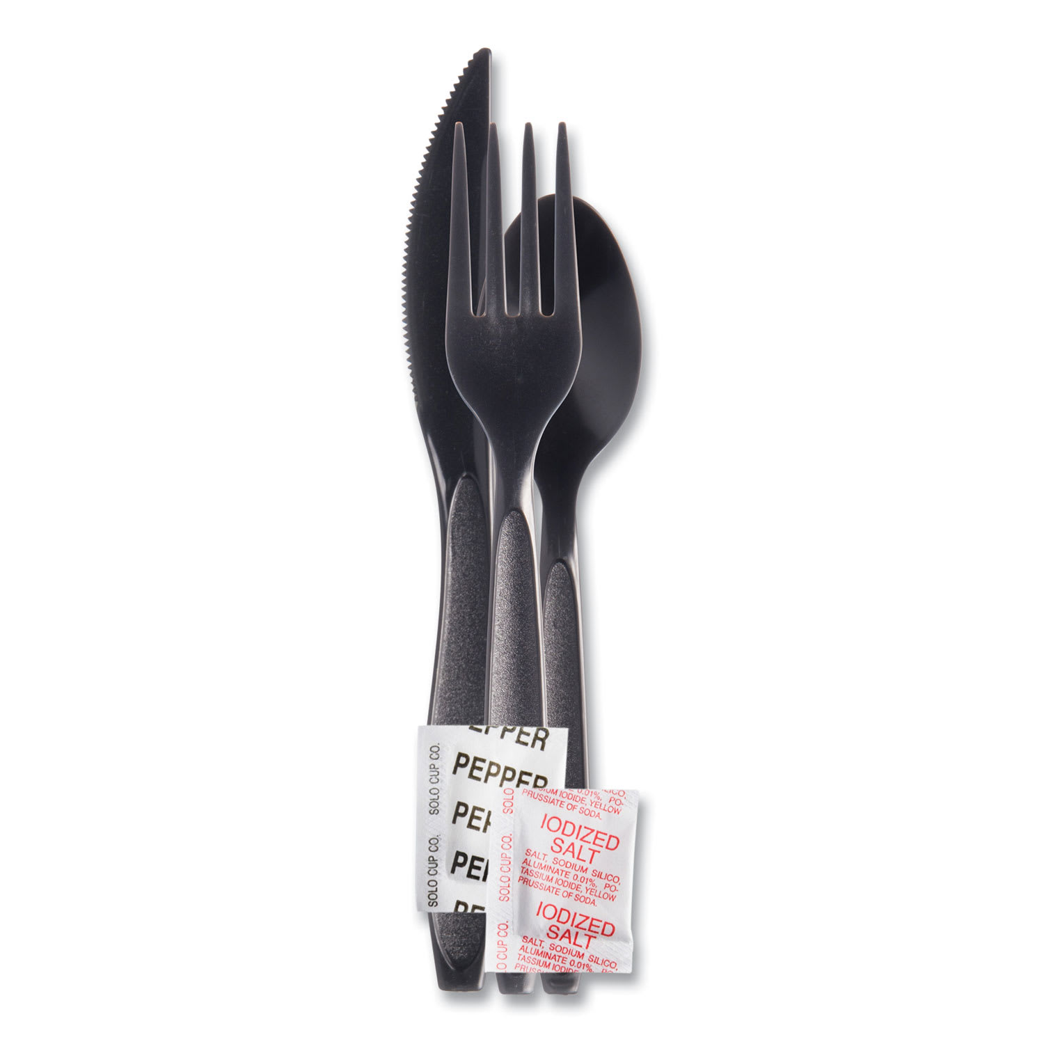 SOLO SCCRSK8Y0004 Reliance Mediumweight Cutlery Kit, Fork/Knife/Napkin/Pepper/Salt/Spoon, Plastic, Black, 250/Carton
