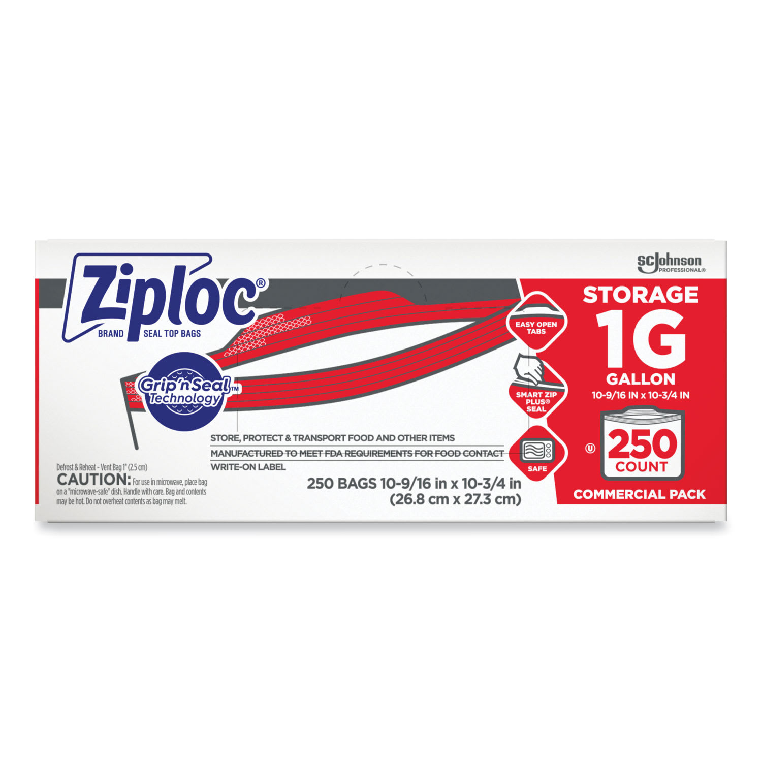 Ziploc SJN364948 Double Zipper Storage Bags, Triple System Seal, Gallon, 10.56" x 10.75", Clear, 250/Box