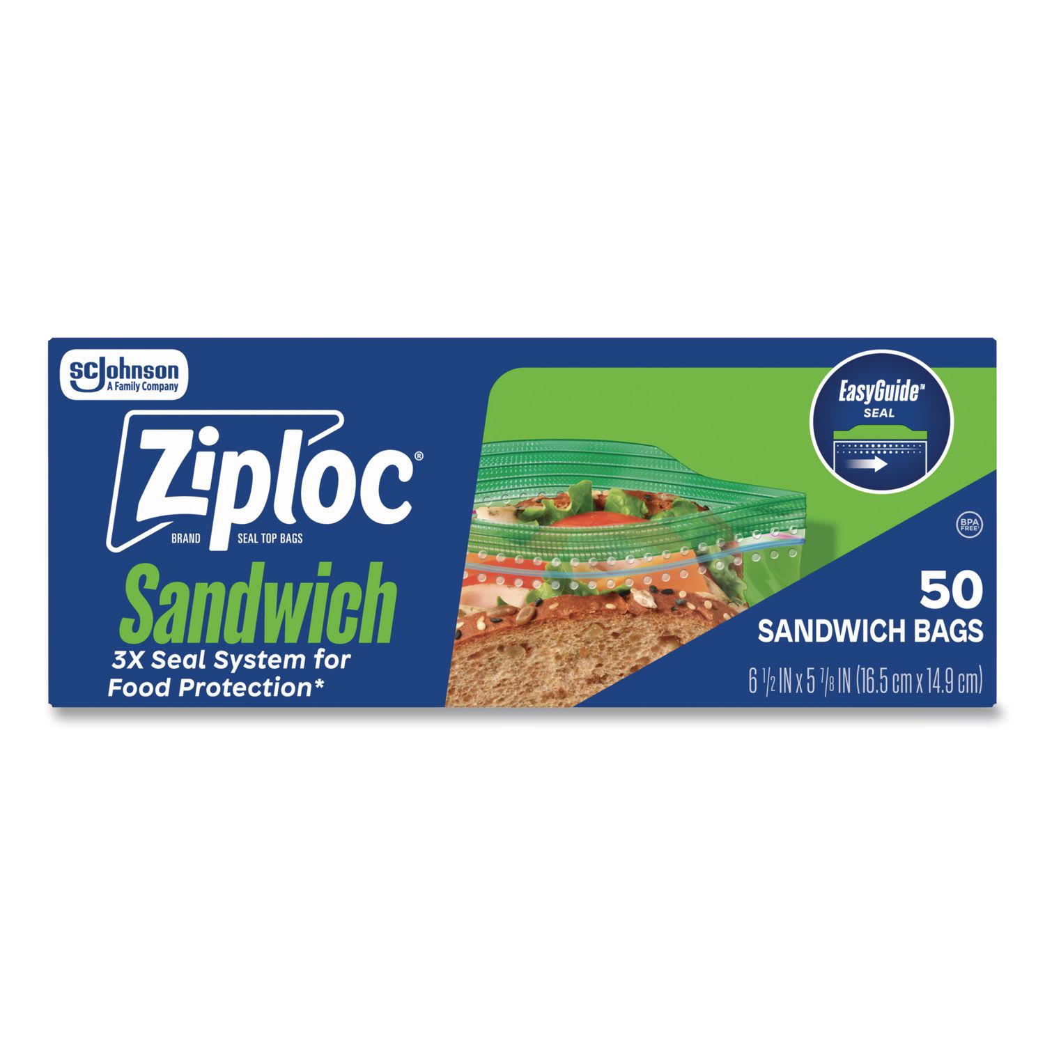 Ziploc SJN383179BX Resealable Sandwich Bags, 6.5" x 5.88", Clear, 50/Box