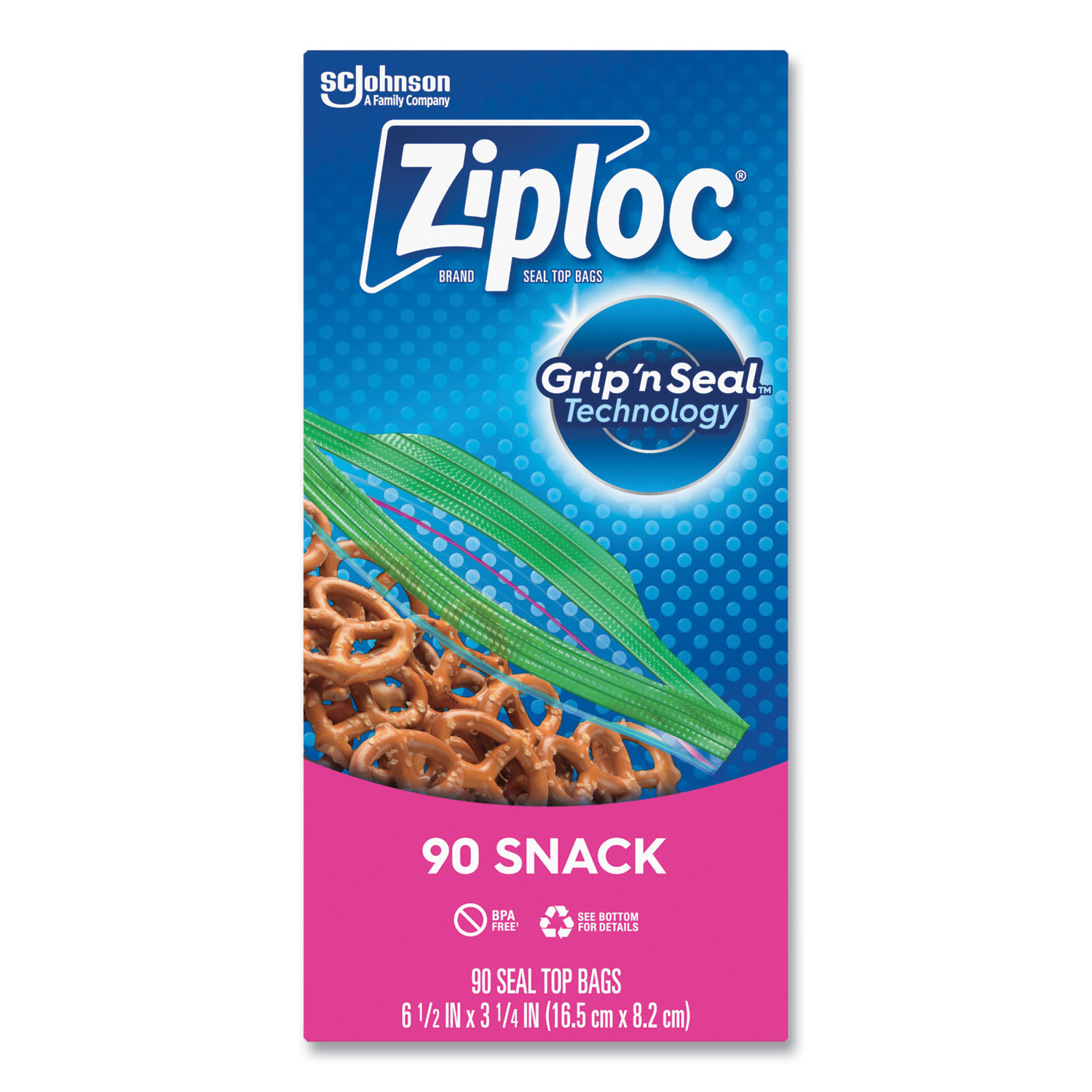 Ziploc SJN383215 Seal Top Snack Bags, Snack, 6.5" x 3.25", Clear, 90 Bags/Box, 12 Boxes/Carton