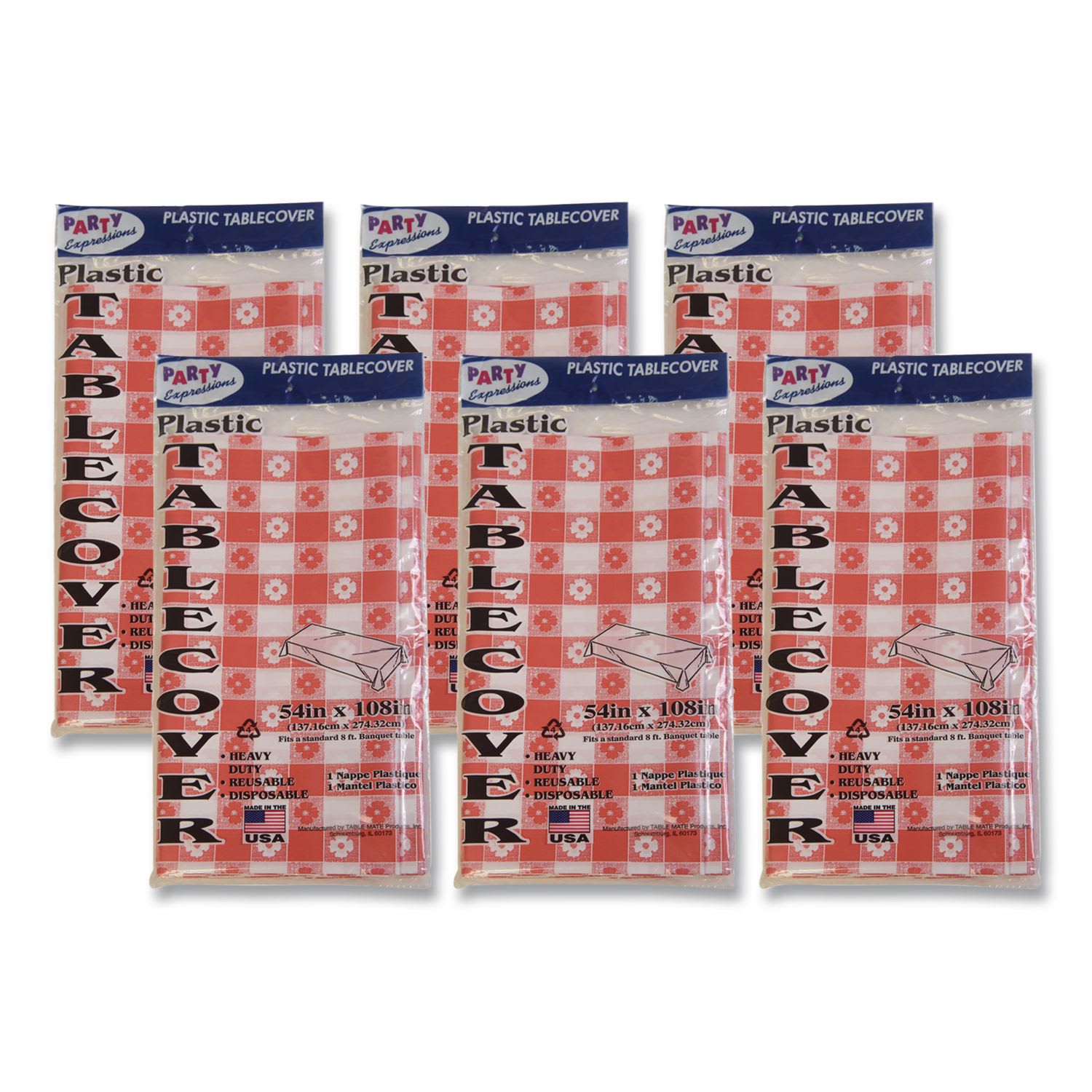 Tablemate TBL549RDG Table Set Rectangular Table Covers, Heavyweight Plastic, 54" X 108", Plaid Red/white, 6/pack
