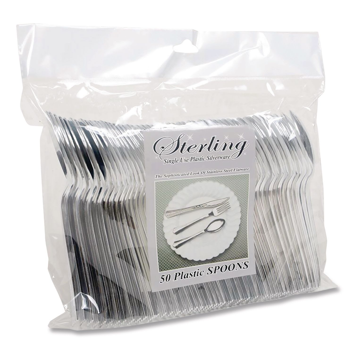 Tablemate TBL8305SSV Sterling Heavy-Duty Plastic Cutlery, Spoon, Silver, 50/Pack