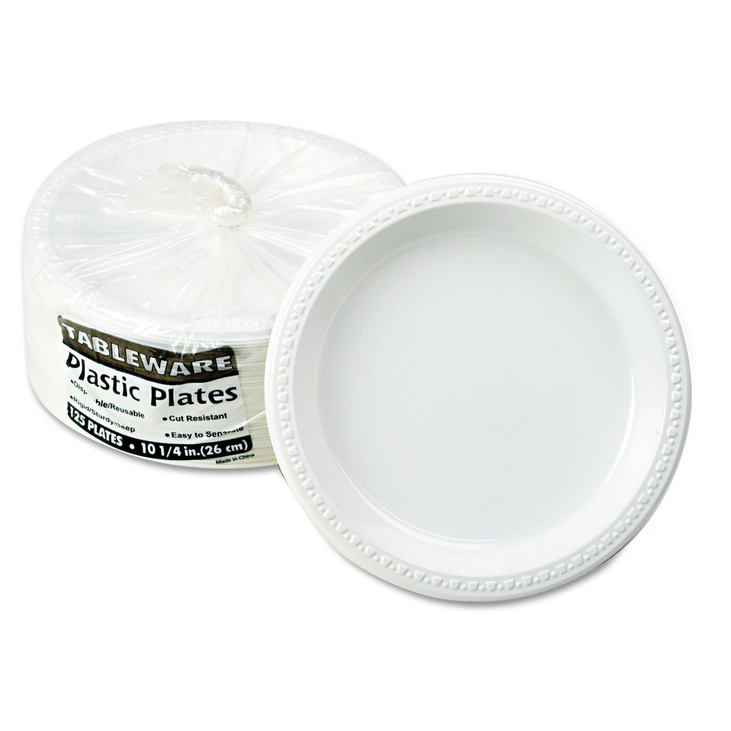 Tablemate TBLTM10644WH Plastic Dinnerware, Plates, 10.25" Dia, White, 125/pack