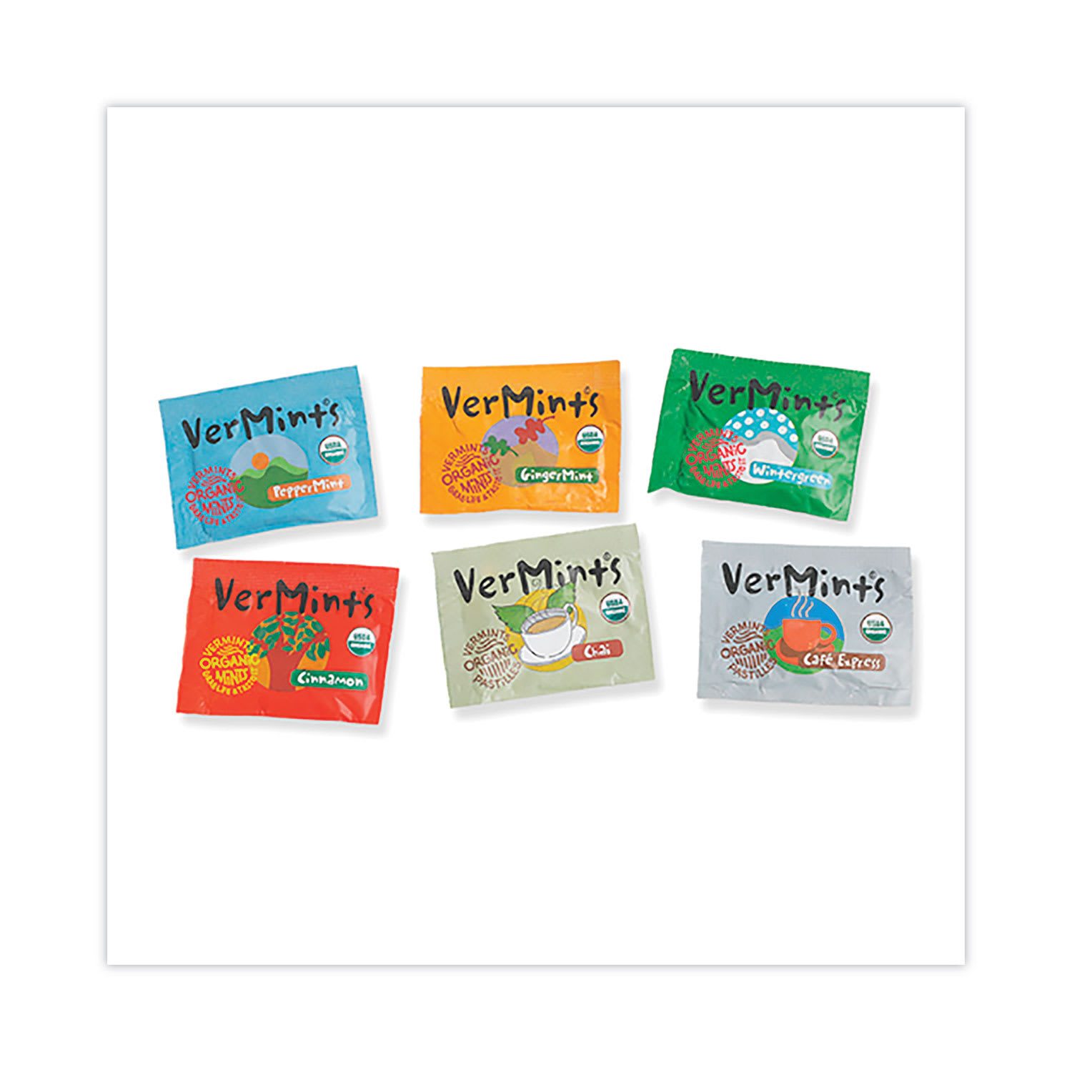 VerMints VEMVNT00991 VerMints Organic Mints/Pastilles, Assorted Flavors, 2 Mints/0.7 oz Individually Wrapped, 120/Box