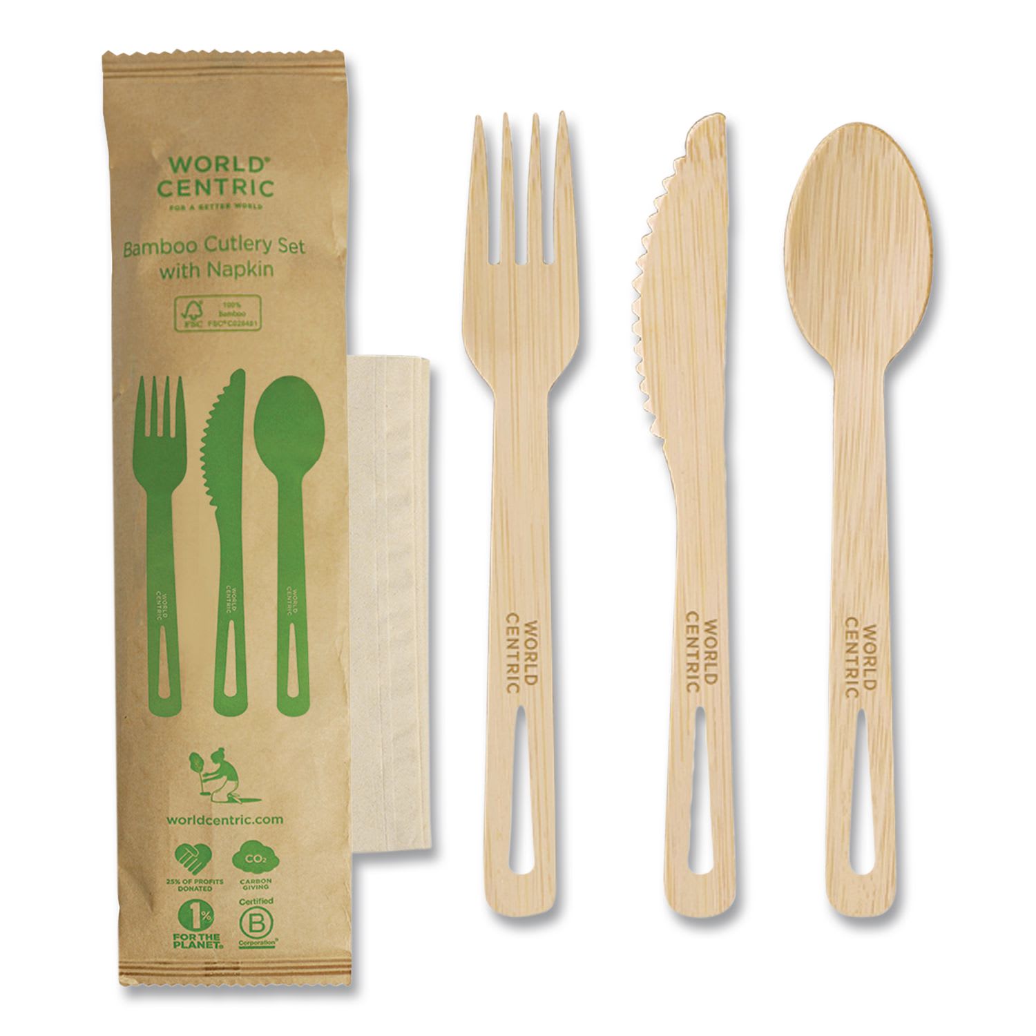 World Centric WORASBBTN Bamboo Cutlery, Fork/Knife/Napkin/Spoon, Paper, Natural, 250/Carton