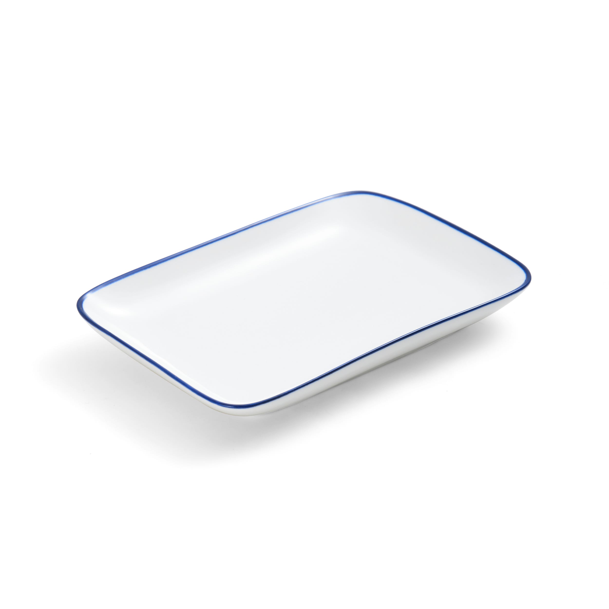Outlet Mikasa 5256510 9" Rectangular Bistro Coupe Plate - Porcelain, Blue Pinstripe