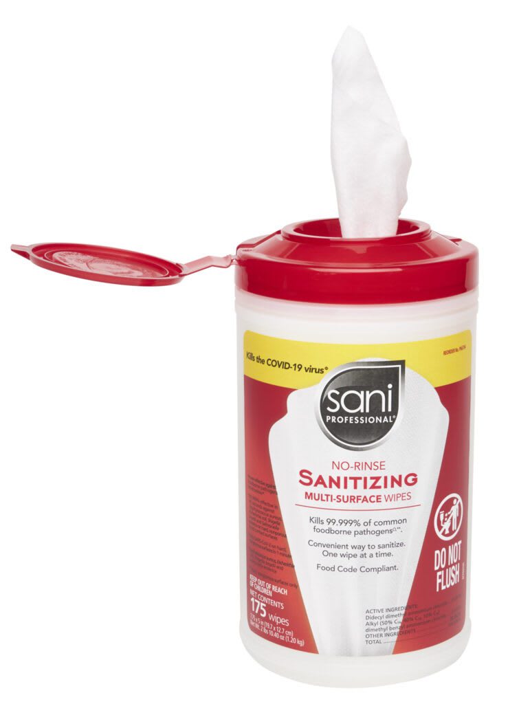 Sani Professional P66784 No-Rinse Sanitizing Multi-Surface Wipes 175/Tub (Case of 6)