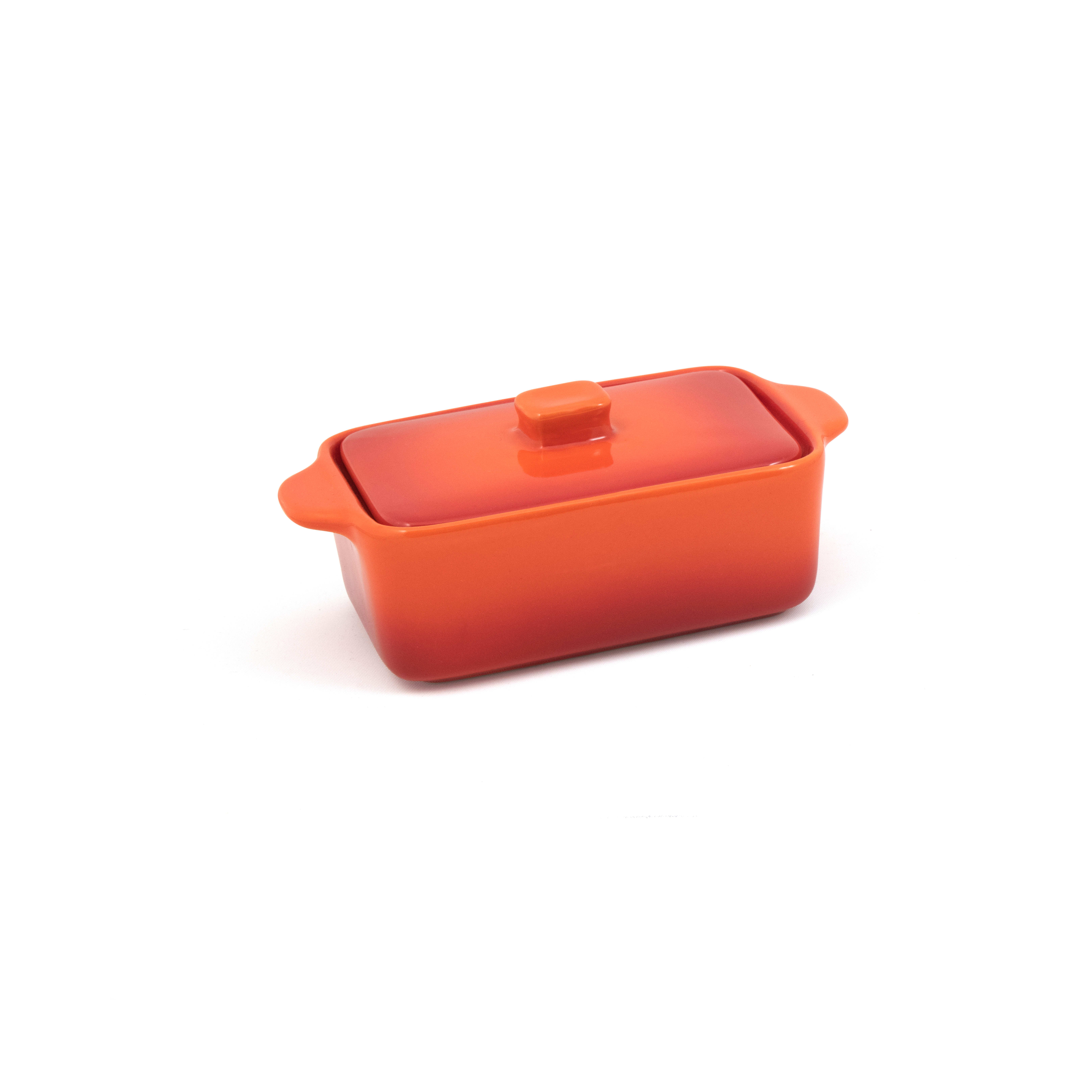Front of the House DBO135ORC23 10 oz Rectangle Kiln® Ovenware Dish with Lid, Blood Orange, 12/Case