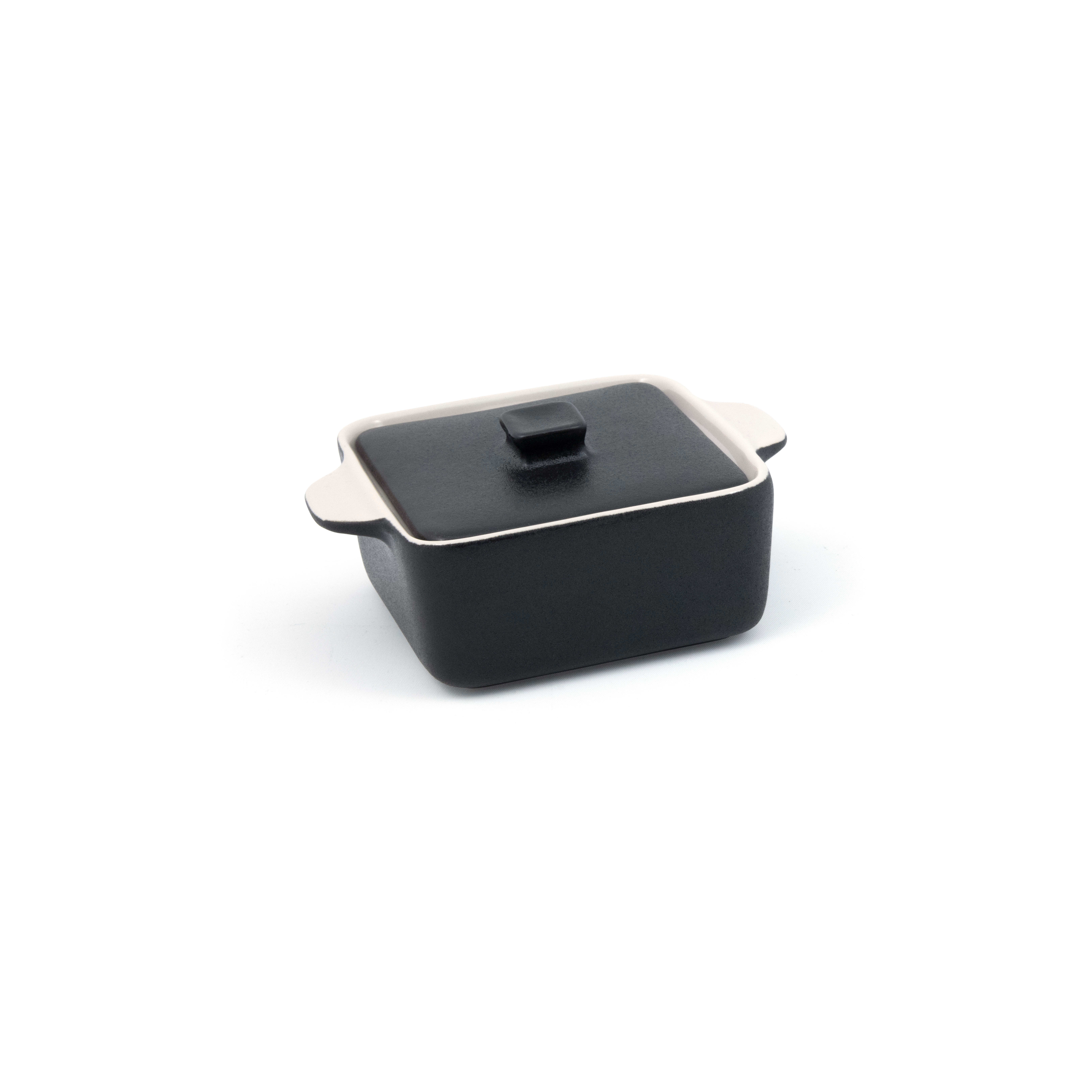 Front of the House DBO136BKC23 8 oz Square Kiln® Ovenware Dish with Lid, Black, 12/Case