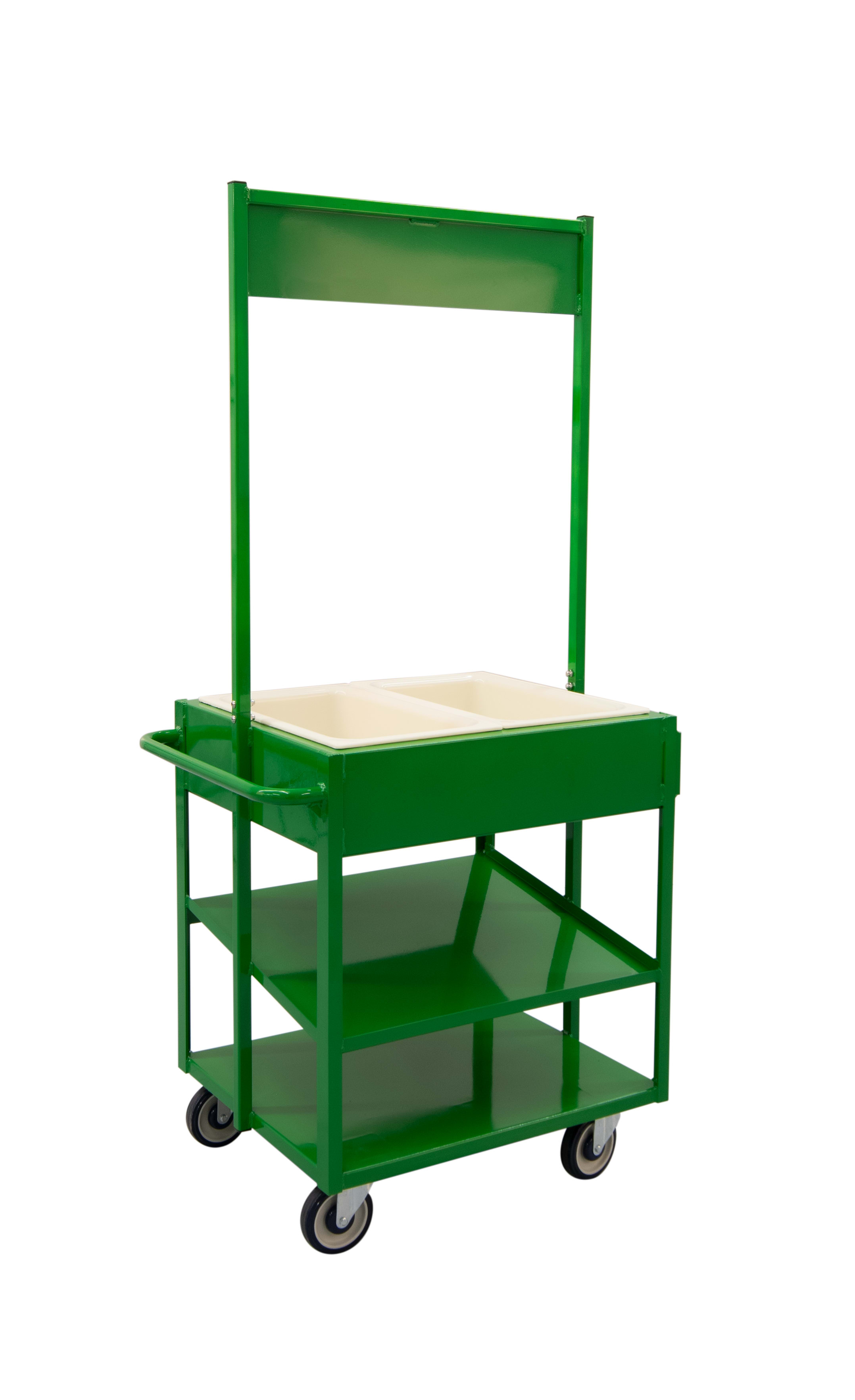 New Age Industrial 52861GREEN Green Powder-Coated Heavy Duty Welded Aluminum Merchandising Share Cart With HACCP Compliant Drop-In Cold Food Pans & Slanted Storage Shelves