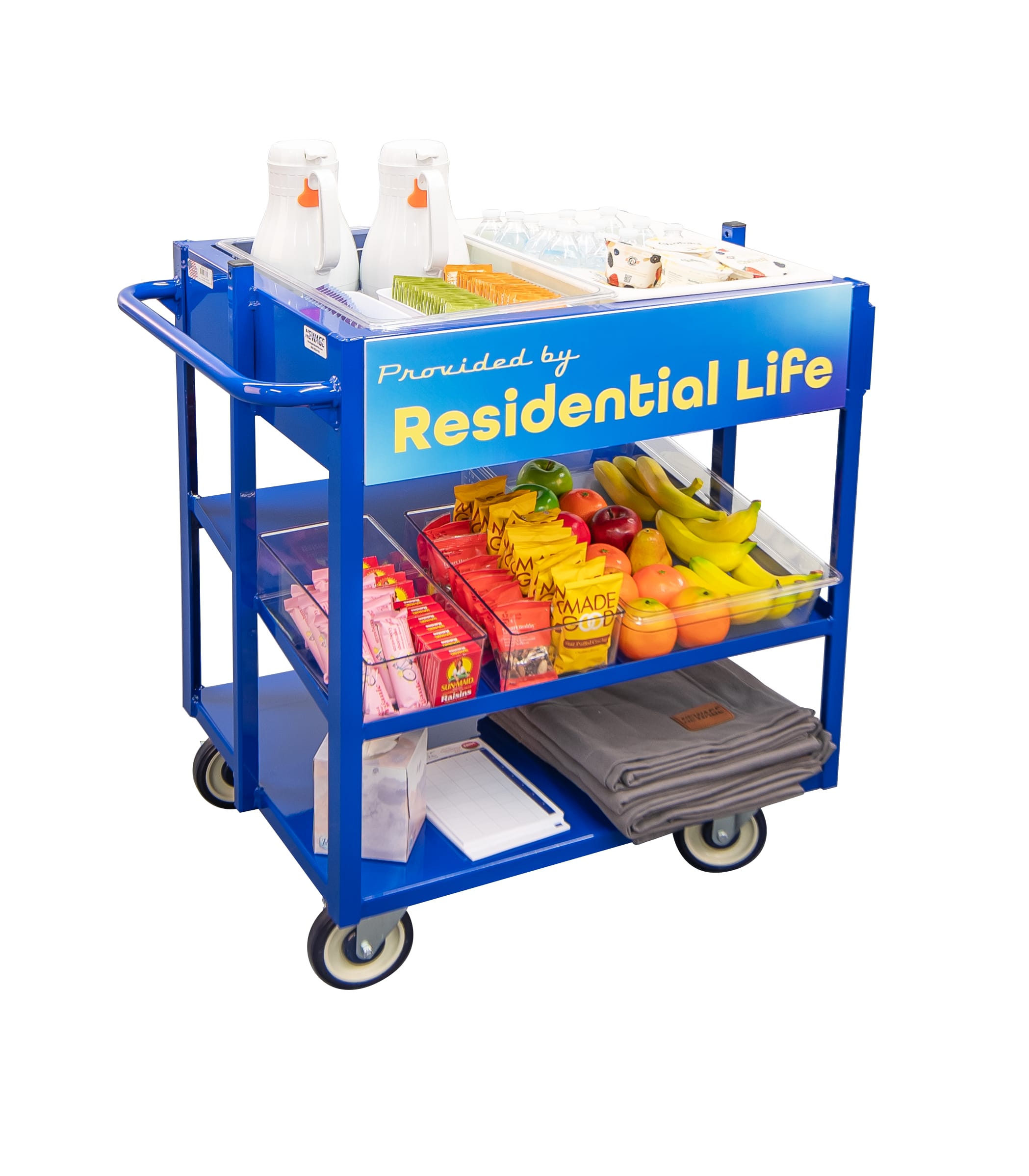 New Age Industrial 52861NTBLUE Blue Powder-Coated Heavy Duty Welded Aluminum Merchandising Share Cart With No Top Signage, HACCP Compliant Drop-In Cold Food Pans & Slanted Storage Shelves