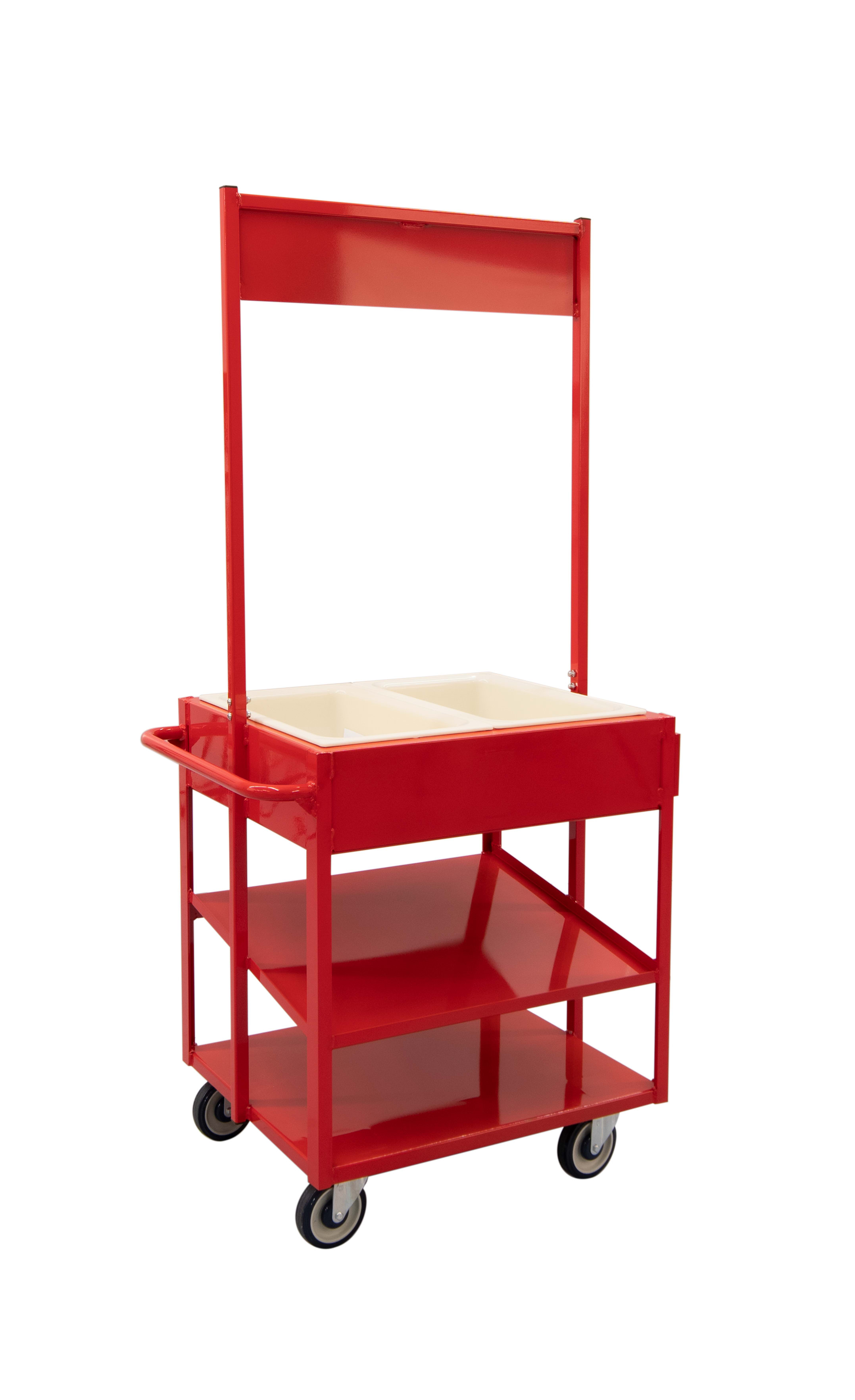 New Age Industrial 52861RED Red Powder-Coated Heavy Duty Welded Aluminum Merchandising Share Cart With HACCP Compliant Drop-In Cold Food Pans & Slanted Storage Shelves