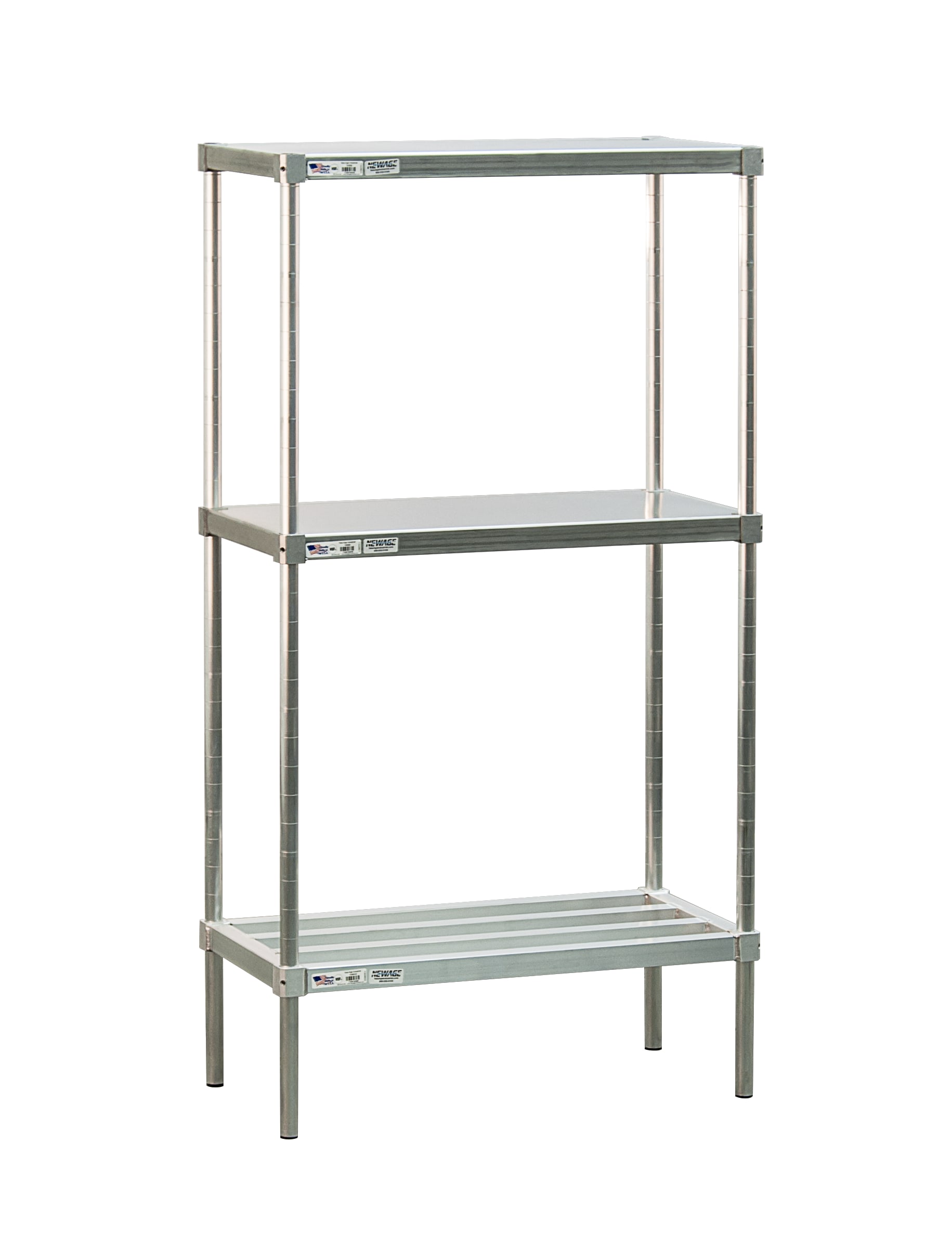 New Age Industrial C31836HS6 3-Tier Standard Adjustable Aluminum Shelving Unit With HD-Bar Tubular Bottom/Base Shelf & Solid Middle & Top Shelves With Marine Edge