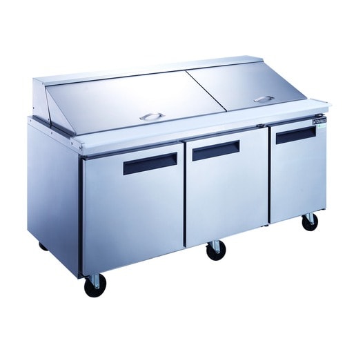 Dukers DSP72-30M-S3 3-Door Commercial Food Prep Table Refrigerator in Stainless Steel with Mega Top