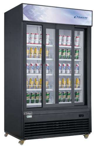Dukers DSM-47SR Commercial Glass Sliding 2-Door Merchandiser Refrigerator in Black