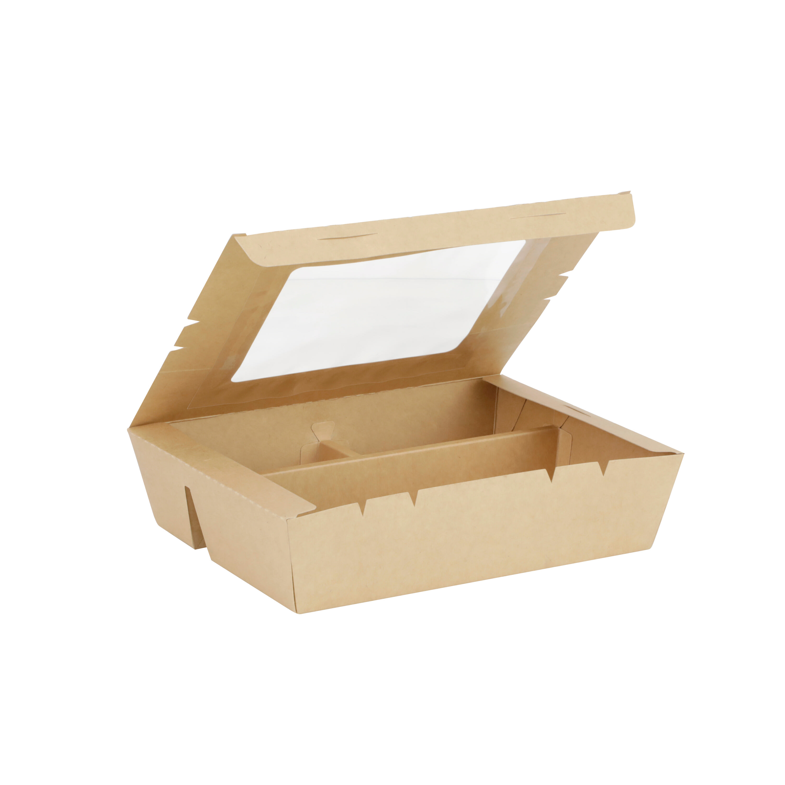 VerTerra VT-PBW-9x7x3-3C Windowed 3-Compartment PaperBoard Bento Box, 9" x 7" x 3"