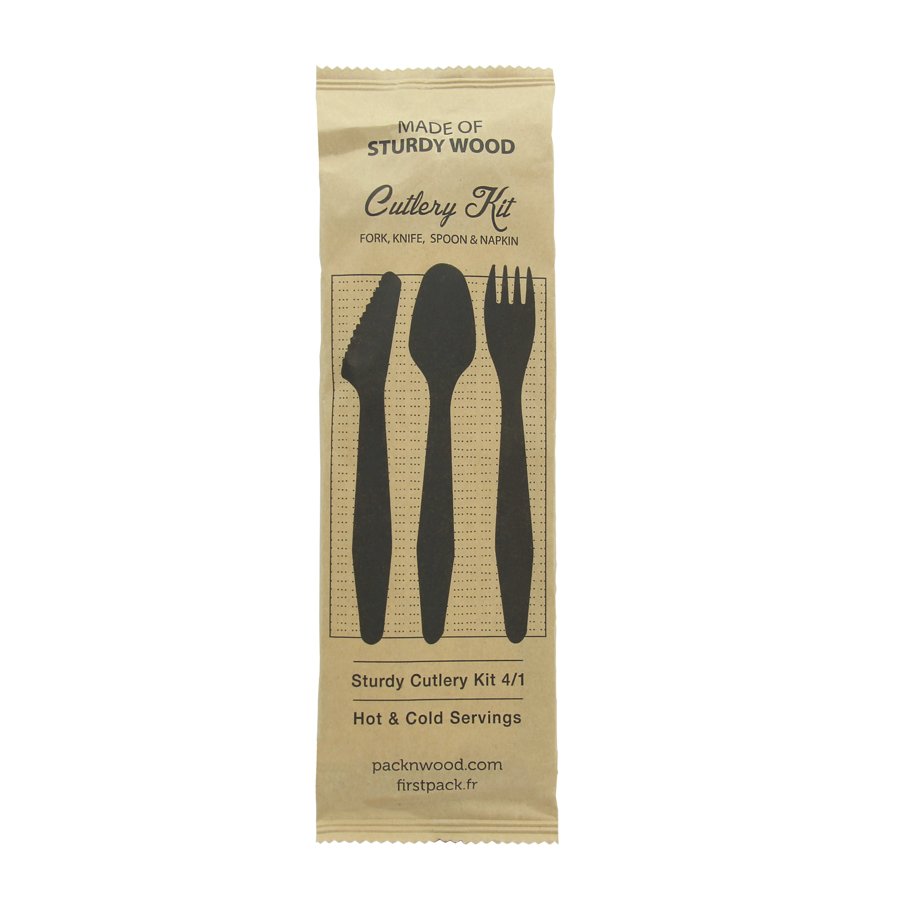PacknWood 210CVB19K4K Heavy Weight Wooden Cutlery 4/1 Kit (Knife + Fork + Spoon + Napkin)