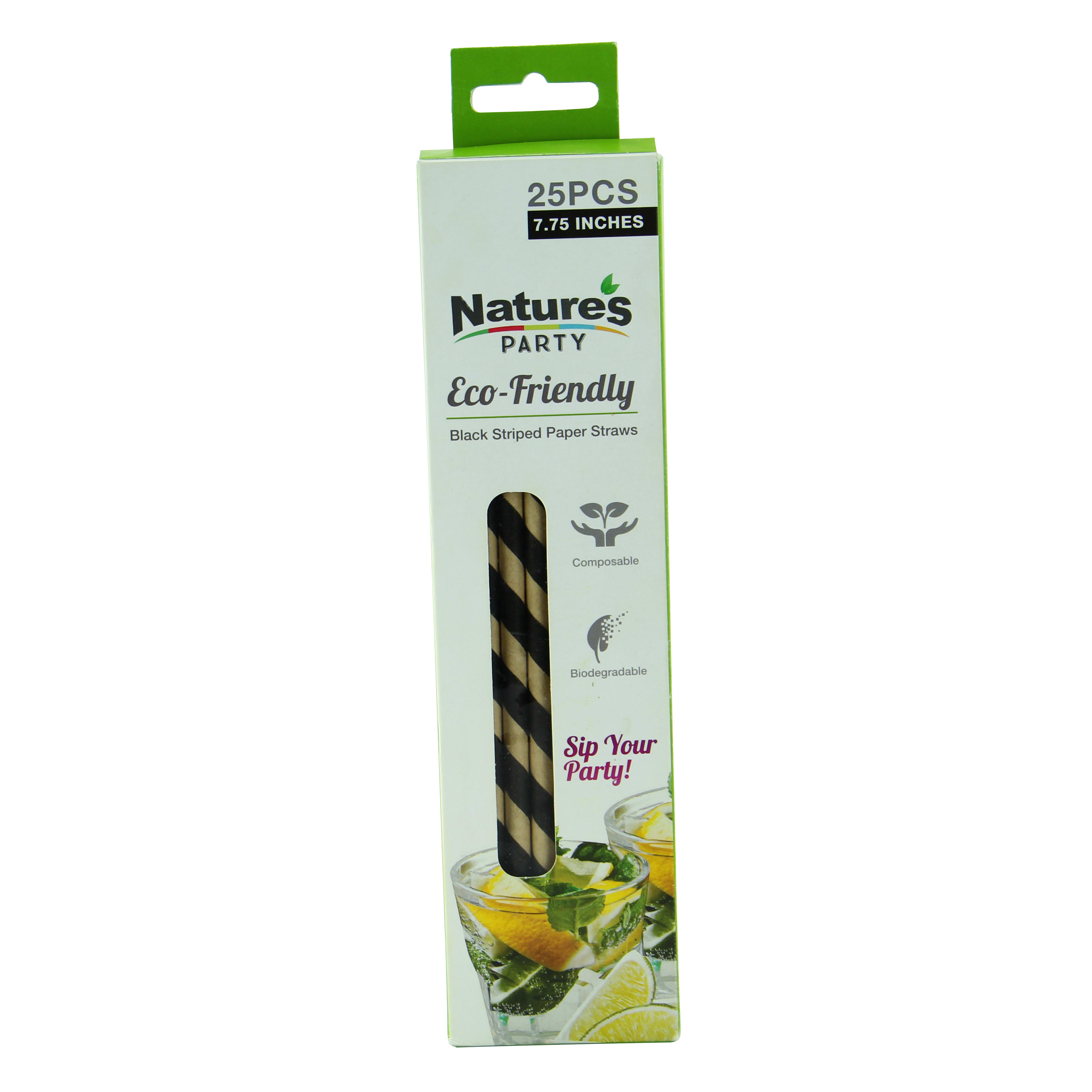 PacknWood 8NPCHP19BLK1 Durable Black & White Striped Paper Straws - Unwrapped