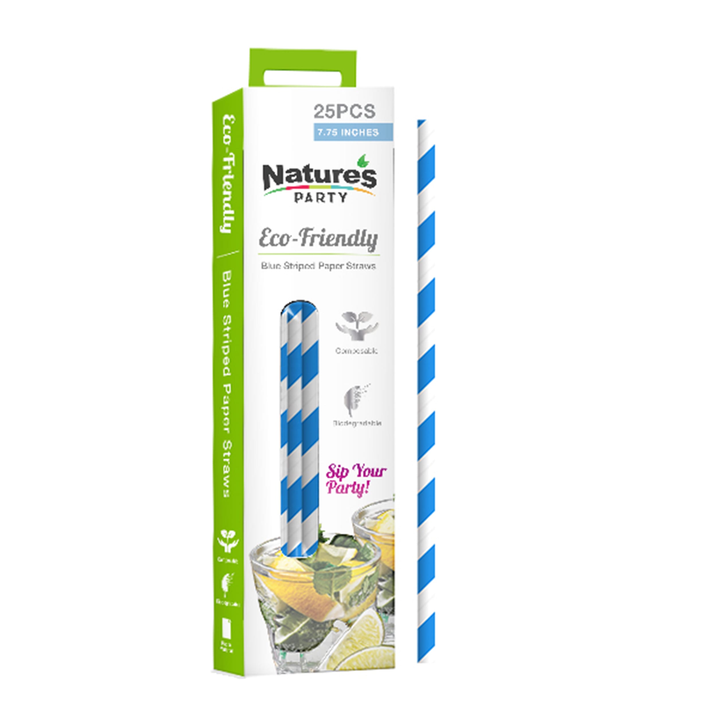 PacknWood 8NPCHP19BLU1 Durable Blue & White Striped Paper Straws - Unwrapped