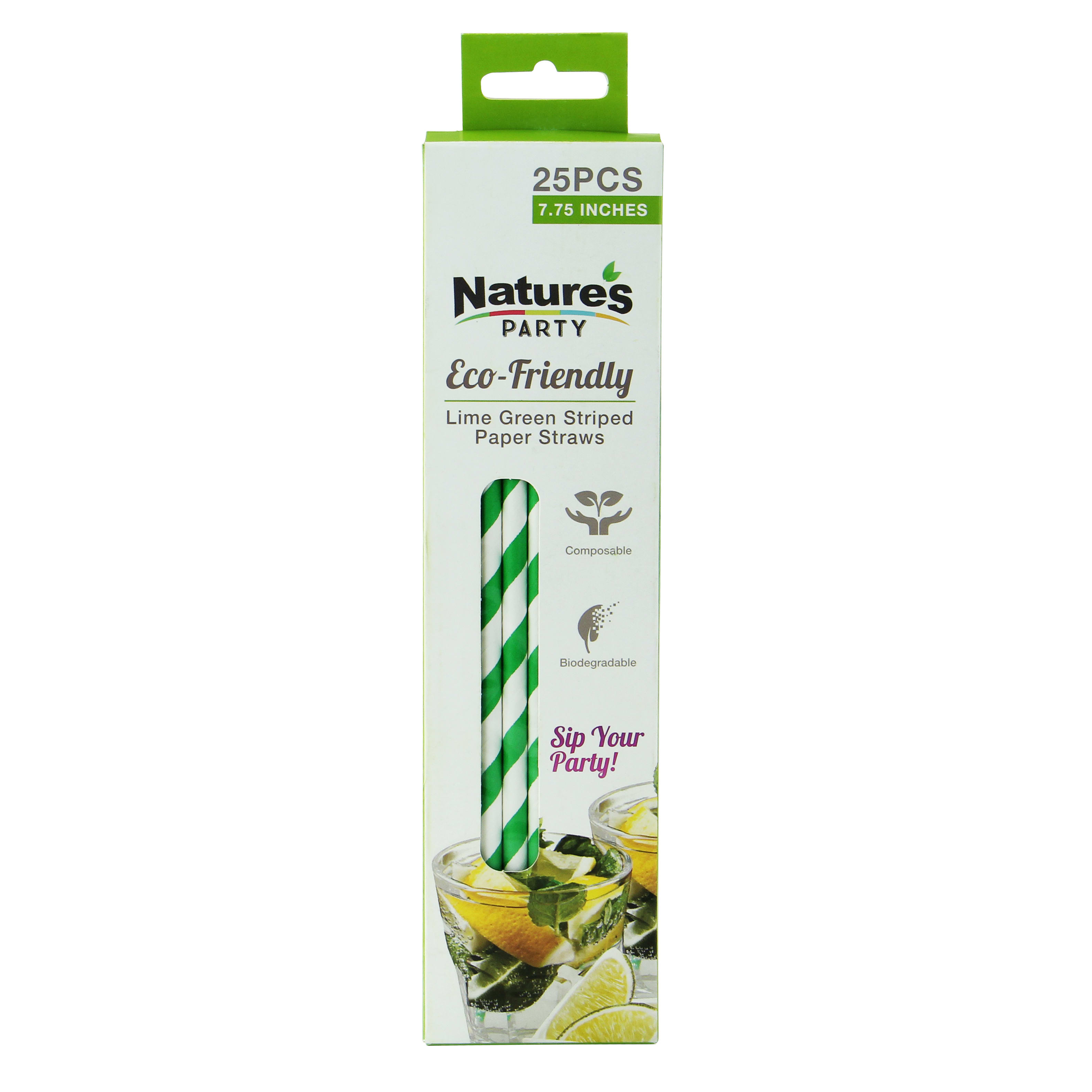 PacknWood 8NPCHP19LM1 Durable Green & White Striped Paper Straws - Unwrapped