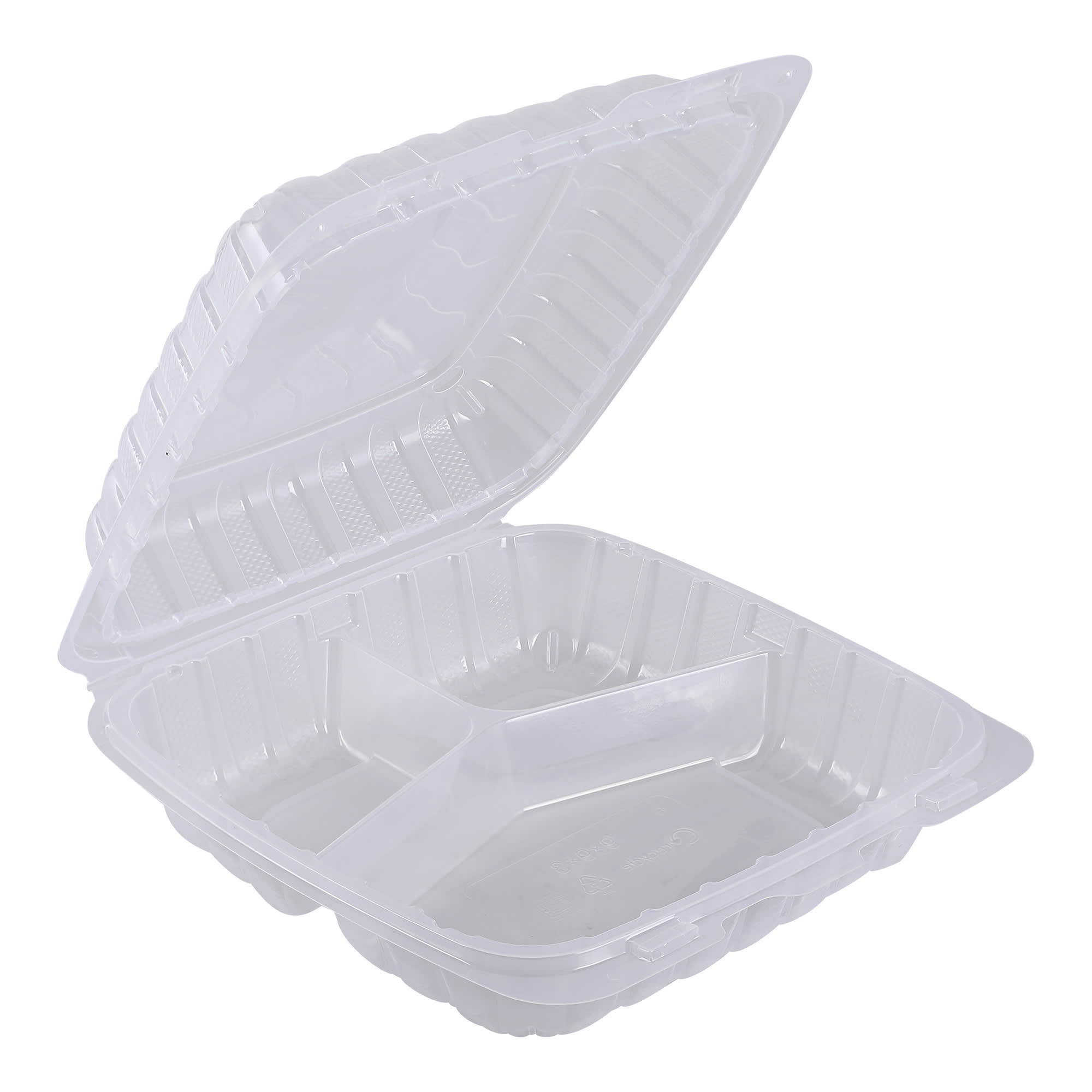 Empress ECLPPHL-93 PP Hinged Container Vented Clear 9" x 9" 3 Compartment
