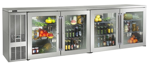 Perlick BBS108-SG-L-STK Refrigerated Back Bar Cabinet, 108" Wide, Stainless Steel, Four Glass Doors
