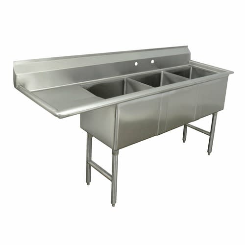 Advance Tabco FC-3-1620-18L-X Special Value Three Compartment Sink, 16" x 20" Bowls, with 18" Left Drainboard