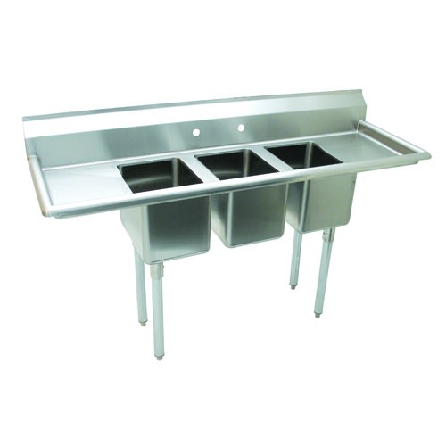 Advance Tabco K7-CS-21-EC-X Special Value Three Compartment Sink, 10" x 14" Bowls, with 12" Dual Drainboards