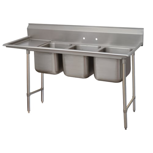 Advance Tabco T9-3-54-18L-X Special Value Regaline Three Compartment Sink, 16" x 20" Bowls, with 18" Left Drainboard