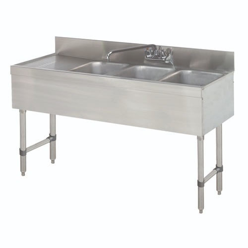 Advance Tabco SLB-43R-X Special Value Three Compartment Underbar Sink, 10" x 14" Bowls, with 9" Left Drainboard