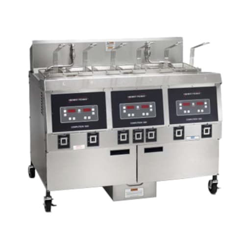 Henny Penny OFE323.05 (3) 65 lb. Open Pot Electric Floor Deep Fryer w/ 6 Half-Baskets and Computron 1000 Controllers, 208V/3-Phase
