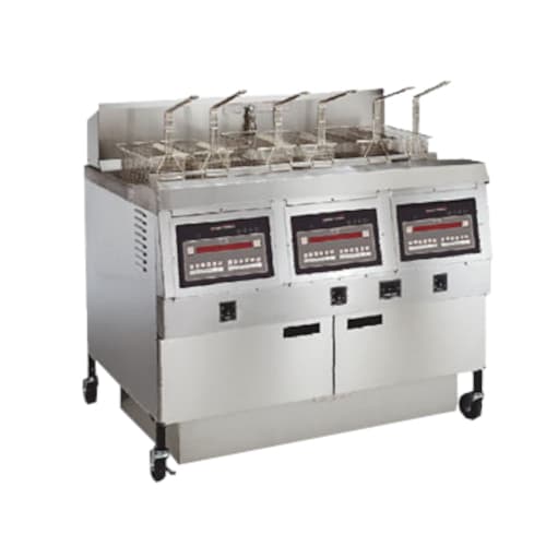 Henny Penny OFG323.07 (3) 65 lb. Open Pot Natural Gas Floor Deep Fryer w/ 6 Half-Baskets and Computron 1000 Controllers