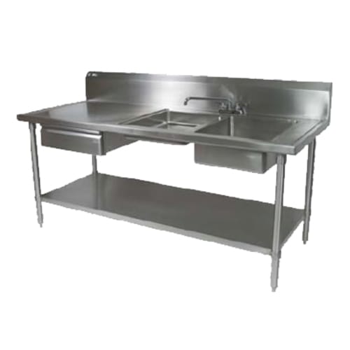 John Boos EPT6R10-DL2B-96R-X 96" x 30" Work Table with 10" Backsplash and Two Prep Sinks on Right, Stainless Steel Legs and Undershelf