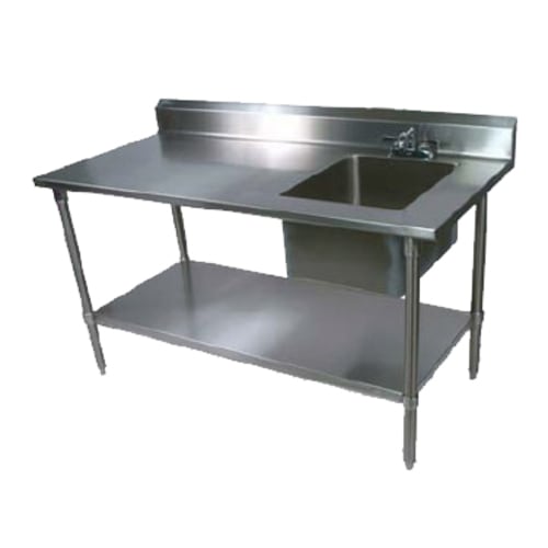 John Boos EPT6R5-3072SSK-R-X 72" x 30" Work Table with 5" Backsplash and Prep Sink on Right, Stainless Steel Legs and Undershelf