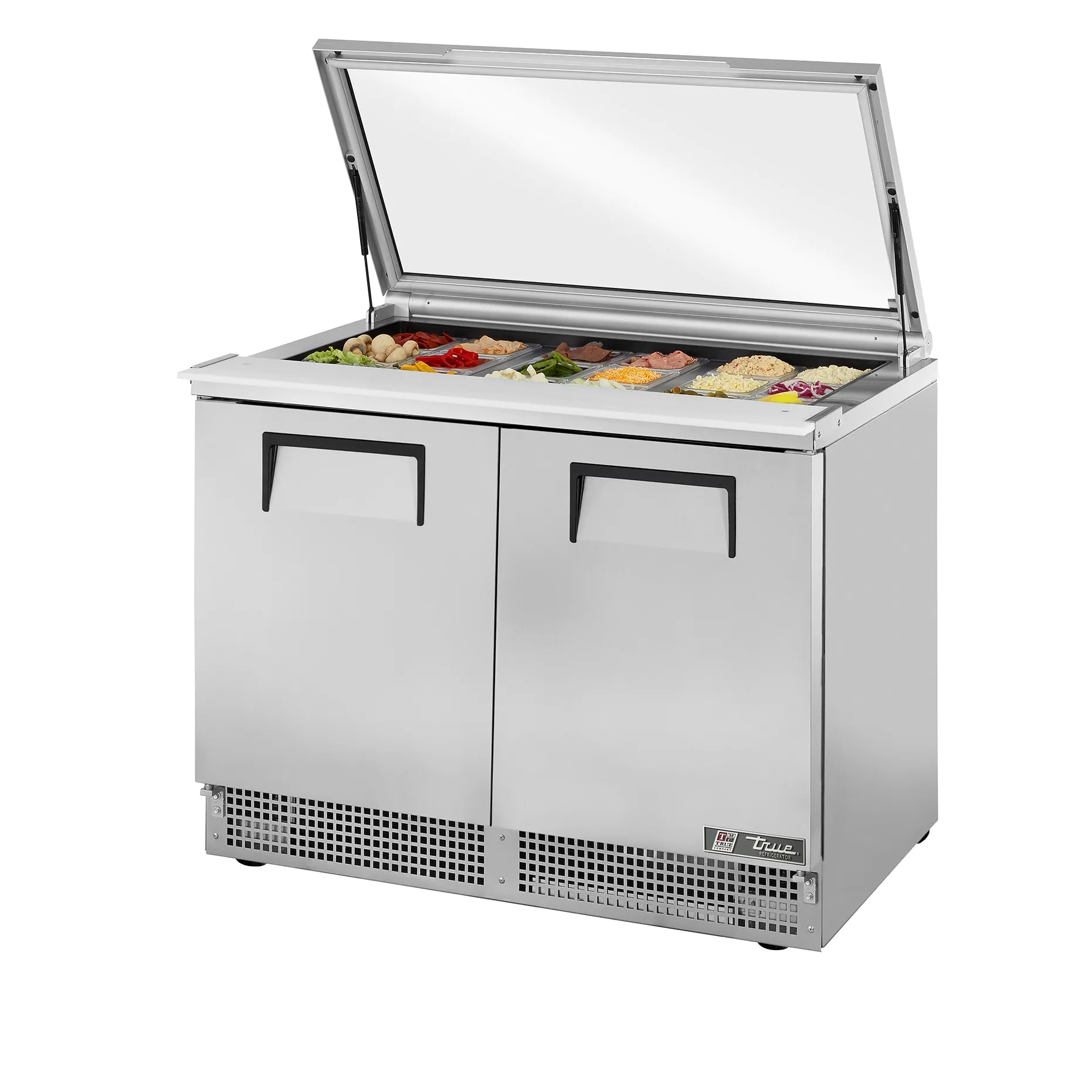 True TFP-48-18M-FGLID 48" Food Prep Table With Flat Glass Lid And Two Solid Door Refrigerated Base